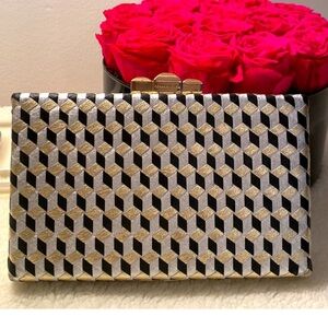 BCBGMaxAzria black silver and gold square patterned clutch